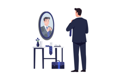 A man adjusting his tie in front of a mirror while preparing Product Image 1