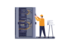 Technician in yellow hard hat inspecting server rack with ca Product Image 1