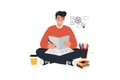 Young man sitting cross-legged with sketchbook in hand, enga Product Image 1