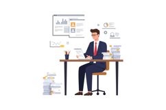 Businessman in a suit analyzing documents at a desk surround Product Image 1