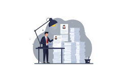 Businessman reviewing job applications at a cluttered desk u Product Image 1