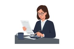 Professional woman in a dark suit reviewing financial docume Product Image 1