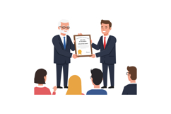 Two men exchanging a certificate in a formal setting with an Product Image 1