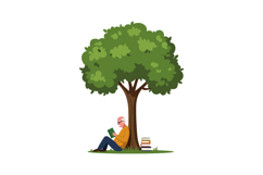 An elderly man reading a book under a large tree in a flat v Product Image 1
