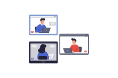 Three individuals engaged in virtual meetings on their lapto Product Image 1
