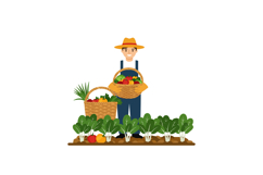 Happy farmer in a straw hat holding a basket of fresh vegeta Product Image 1
