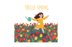 A cheerful girl in a yellow dress joyfully watering vibrant Product Image 1