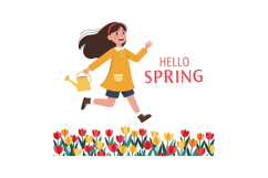 A joyful girl in a yellow dress running with a watering can Product Image 1