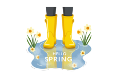 Yellow rain boots splashing in a puddle surrounded by bloomi Product Image 1