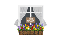 Colorful flower box beneath a bright window with sheer curta Product Image 1