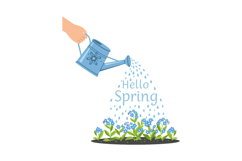 A hand watering vibrant blue flowers in a garden with a chee Product Image 1