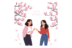 Two joyful women laughing and celebrating amidst blooming ma Product Image 1
