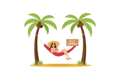 A woman relaxing in a striped hammock under palm trees enjoy Product Image 1