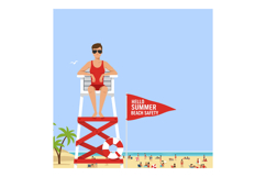 Lifeguard in red swimsuit watches over beachgoers on sunny d Product Image 1