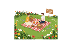 A cheerful picnic scene with two friends enjoying food on a Product Image 1