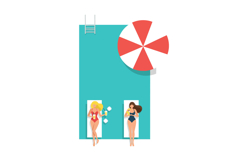 Two women lounging by a pool under a large red and white umb Product Image 1