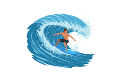 A young man skillfully surfing on a bright blue wave in a dy Product Image 1