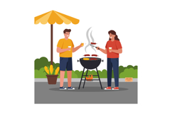 Two friends enjoying a barbecue under a yellow umbrella whil Product Image 1