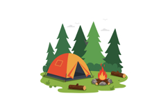 Brightly colored camping tent surrounded by tall green trees Product Image 1