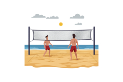 Two men playing beach volleyball in summer attire under a br Product Image 1