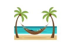 A person relaxing in a hammock between two palm trees on a s Product Image 1