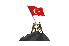 Two soldiers raising the Turkish flag triumphantly on a rock Product Image 1