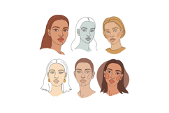 Diverse group of six stylized female portraits in a minimali Product Image 1