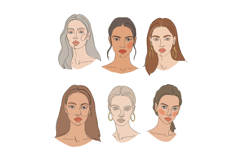 Six elegant women with diverse hairstyles and makeup in a mi Product Image 1