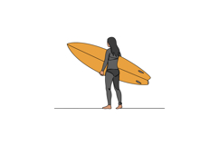 A woman in a wetsuit holding an orange surfboard while stand Product Image 1