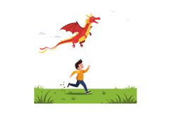 A joyful boy running across a green field while flying a col Product Image 1