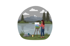 A woman painting a serene mountain landscape by a tranquil l Product Image 1