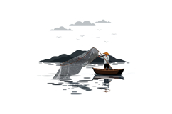 Fisherman in a traditional wooden boat casting a net into ca Product Image 1