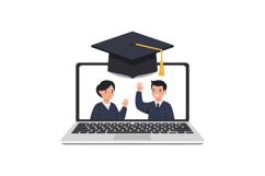 Two smiling graduates waving at each other from a laptop scr Product Image 1