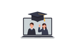 Two students interacting on a laptop screen wearing graduati Product Image 1