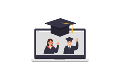 Two graduates in caps celebrating on a laptop screen in a fl Product Image 1