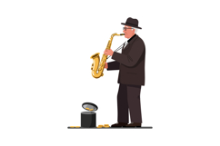 An elderly man playing a golden saxophone while standing bes Product Image 1