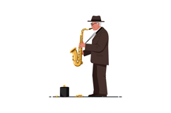 An elderly man in a brown suit playing a golden saxophone pa Product Image 1