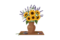 A vibrant arrangement of sunflowers and lavender in a clay v Product Image 1