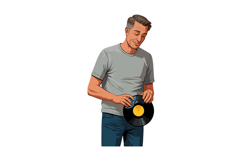 Man holding vinyl record in casual outfit enjoying music hob Product Image 1
