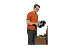 Man in orange shirt playing vinyl record on turntable vector Product Image 1