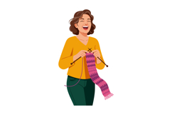 Woman knitting pink scarf with purple zigzag pattern in yell Product Image 1