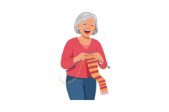 Elderly woman knitting colorful scarf happily indoors with g Product Image 1