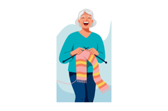 Elderly Woman Knitting Colorful Striped Scarf Enjoying Hobby Product Image 1