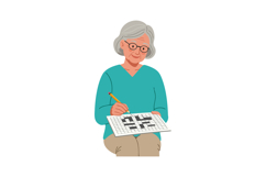 Elderly woman solving crossword puzzle sitting with pencil a Product Image 1
