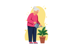 Elderly woman watering green houseplant in pot with watering Product Image 1