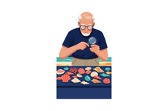 Elderly man examining seashells with magnifying glass detail Product Image 1