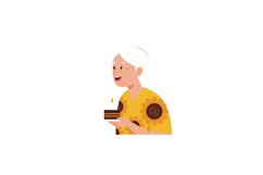 Elderly woman in yellow sunflower shirt holding chocolate ca Product Image 1