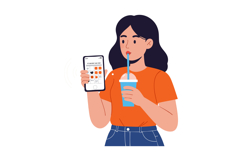 Young woman holding smartphone with app and drinking blue be Product Image 1