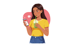 Young woman drinking green smoothie while using smartphone i Product Image 1