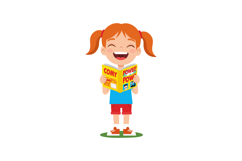 Happy little girl reading colorful comic book with red hair Product Image 1